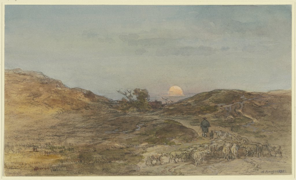 Hohlweg mit Schafherde bei Sonnenuntergang, Anton Burger