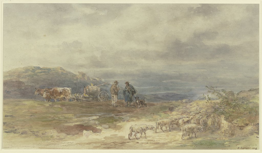Landschaft mit Schafherde und Ochsenfuhrwerk, Anton Burger