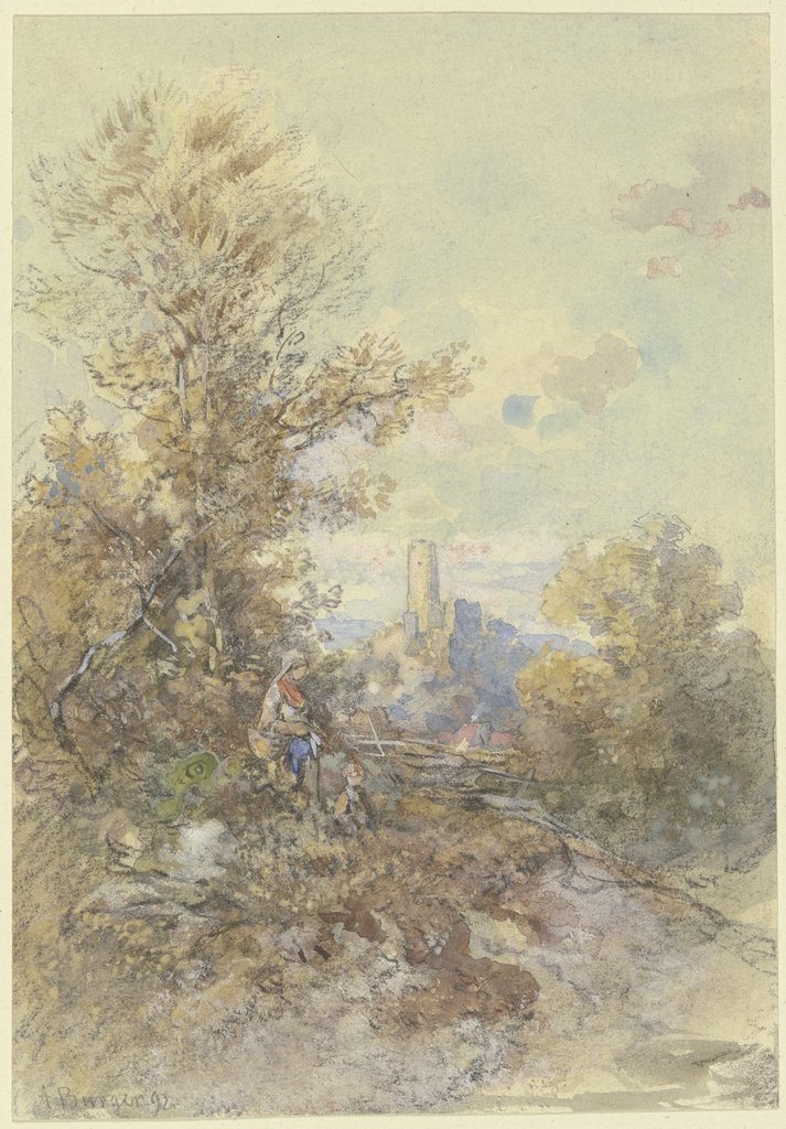 Landschaft mit Bäuerin, Kind und der Ruine Eppstein, Anton Burger