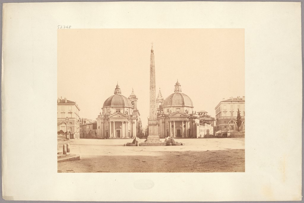 Rom: Piazza del Popolo, Blick Richtung Süden mit Santa Maria in Montesanto, Santa Maria dei Miracoli und Obelisk, Eugène Constant