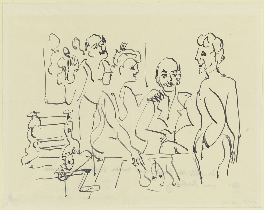Emil Nolde, Ada Nolde, Erich Heckel und Ernst Ludwig Kirchner bei der Vorbereitung eines Holzschnittes, Ernst Ludwig Kirchner