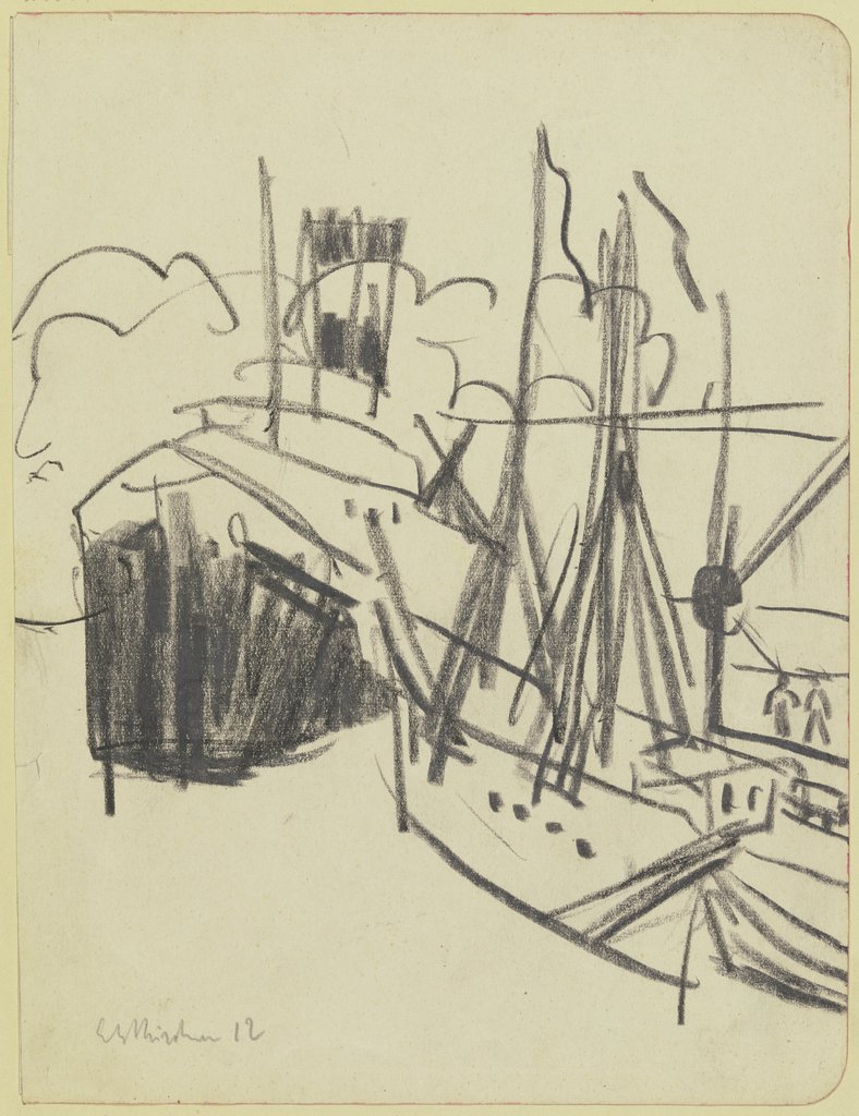 Dampfer und Segelschiff im Hafen, Ernst Ludwig Kirchner