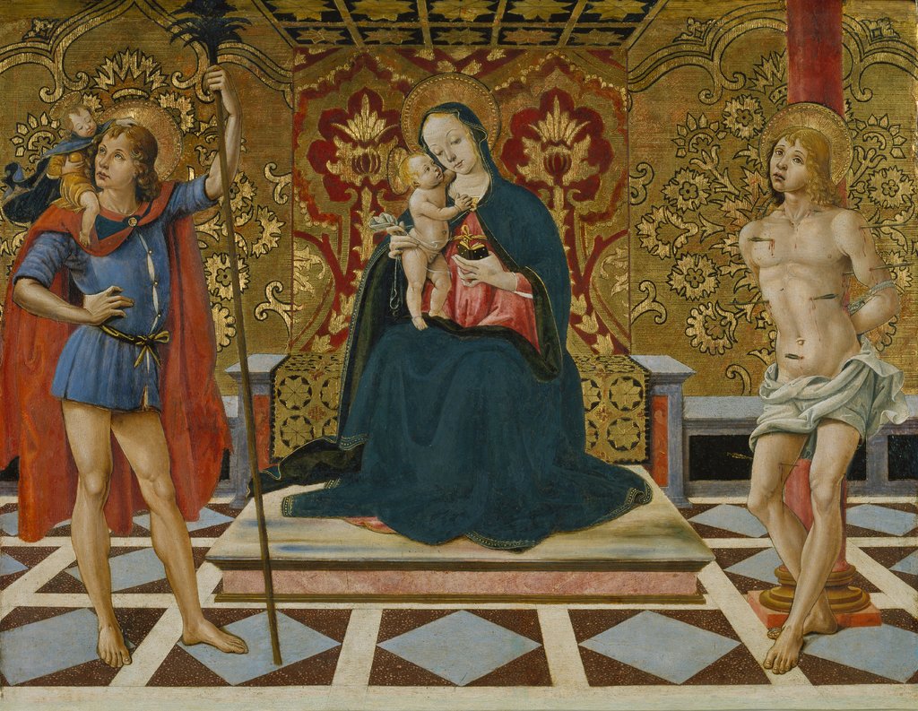 Thronende Madonna mit Kind und den Heiligen Christophorus und Sebastian, Fiorenzo di Lorenzo;   ?
