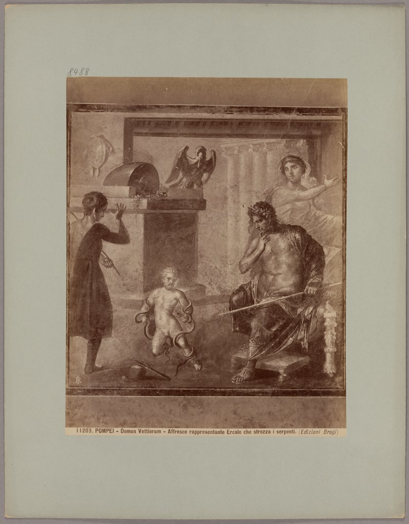 Pompei: Domus Vettiorum, Affresco rappresentante Ercole che strozza i serpenti, No. 11203, Giacomo Brogi