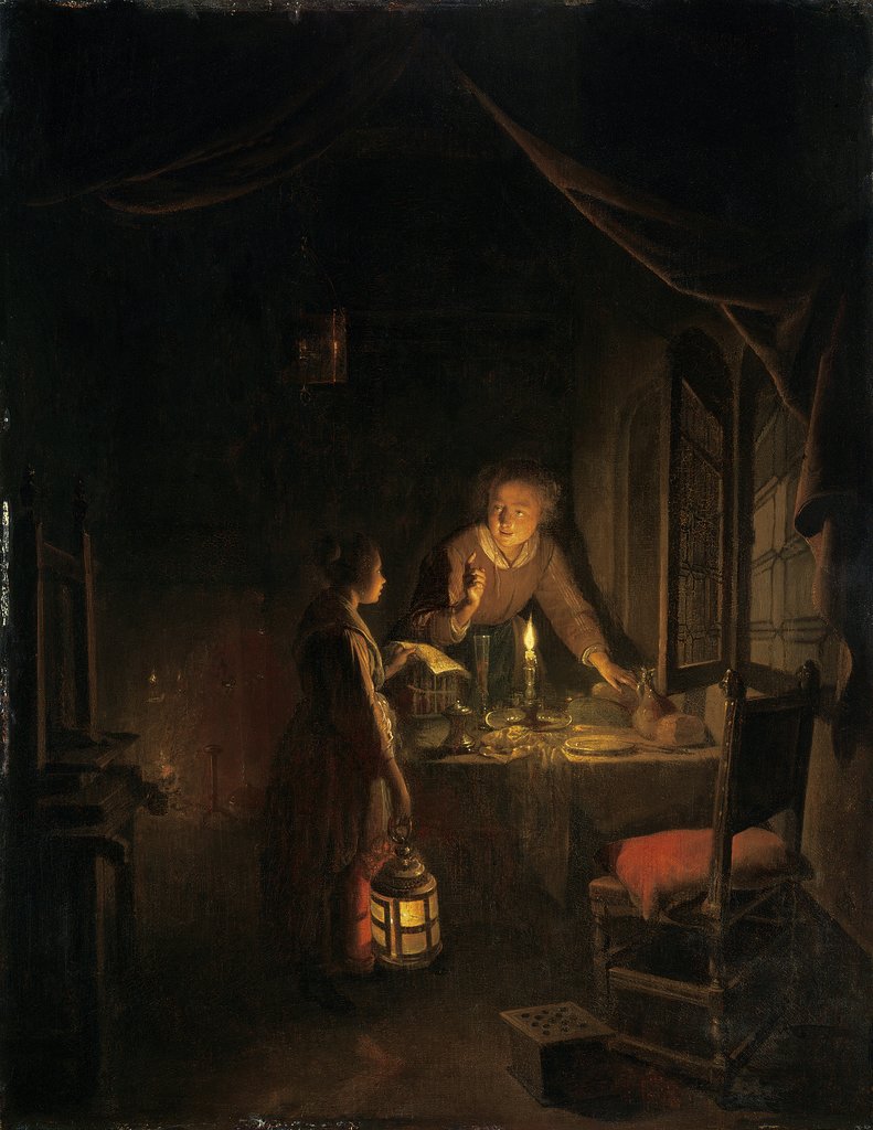 Frau beim Ordnen des Abendbrottisches, Gerrit Dou