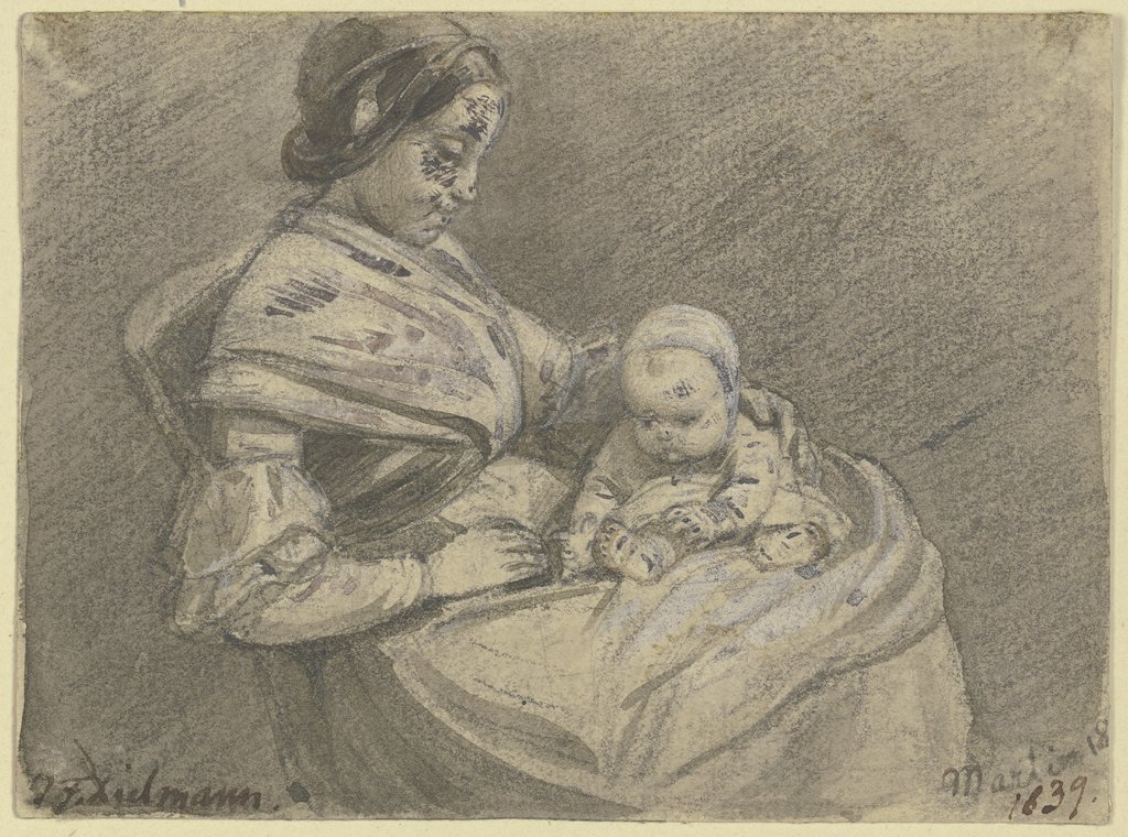 Junge Frau, auf dem Schoß ein kleines Kind haltend, Jakob Fürchtegott Dielmann
