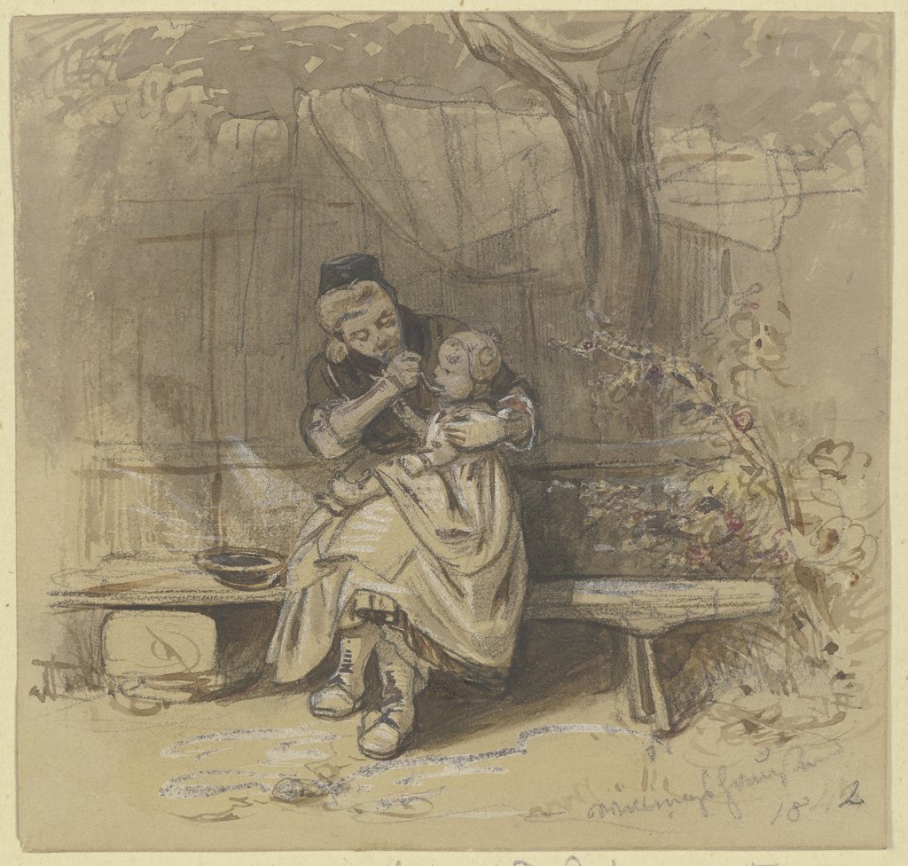 Frau, im Freien ein kleines Kind fütternd, Jakob Fürchtegott Dielmann