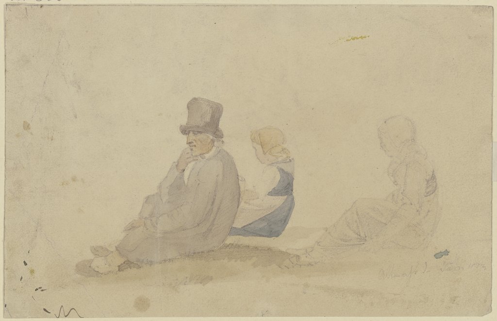 Ein Bauer mit einem Zylinderhut, eine Frau und ein Mädchen auf dem Boden sitzend, alle drei im Profil nach links, Jakob Fürchtegott Dielmann