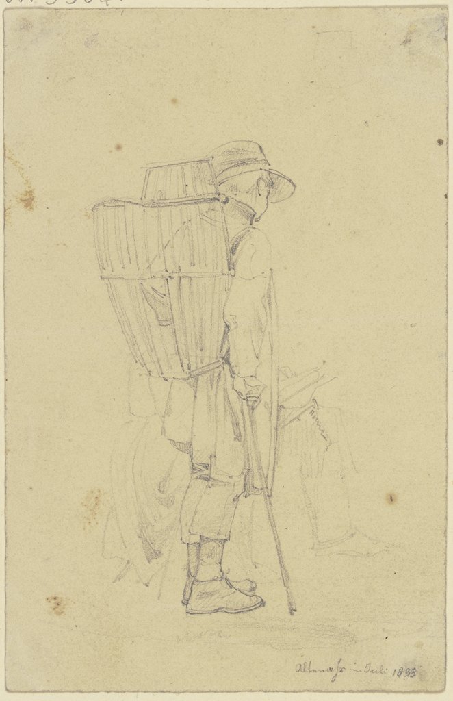 Ein Bauer mit einer Kiepe sieht einem Maler zu, der zeichnet, Jakob Fürchtegott Dielmann
