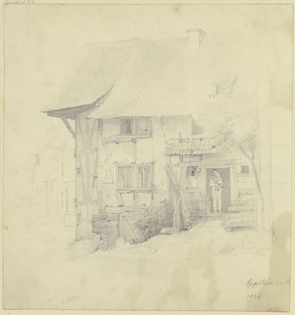 Bauernhaus in Eppstein, unter der Haustür steht ein Mann mit einem Kind auf dem Arm, Jakob Fürchtegott Dielmann