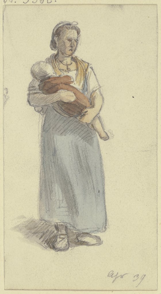 Bauersfrau in Hemdsärmeln, blauem Kleid, sie hat ein kleines Kind auf dem Armen, Jakob Fürchtegott Dielmann