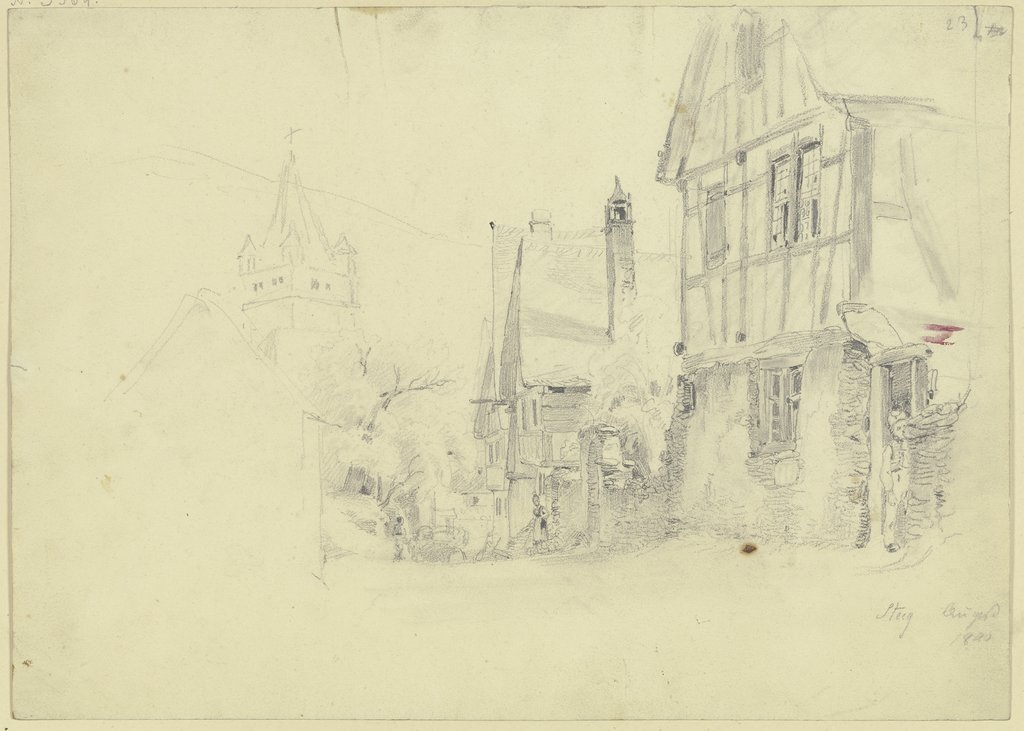 Straße im Dorf, rechts kommt aus dem Hause ein Mädchen heraus, im Hintergrund ein Turm, Jakob Fürchtegott Dielmann
