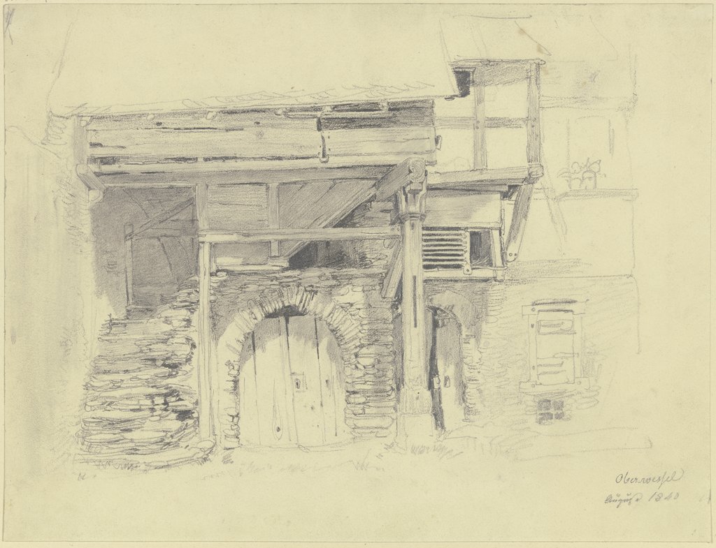 Altes Haus, Kellertor unter einer Treppe, die in einen Holzbau mit einer Säule führt, Jakob Fürchtegott Dielmann