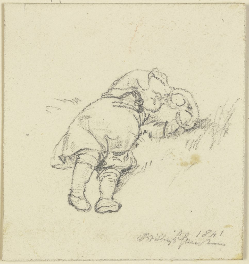 Im Gras liegendes Kind mit einer Brezel, Jakob Fürchtegott Dielmann