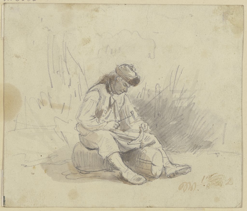 Ein Bauer sitzt auf einem Stück Holz und dengelt seine Sense, Jakob Fürchtegott Dielmann
