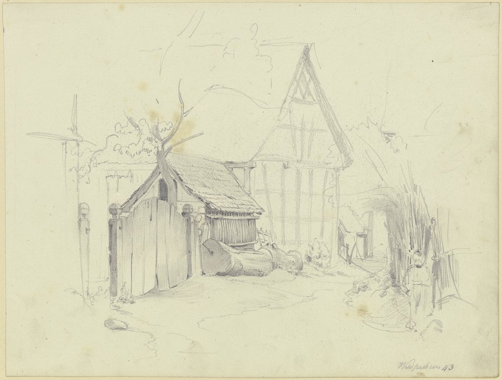 Straße im Dorf, links ein verschlossenes Holztor und eine offene Tür, rechts am Zaun eine Linde, Jakob Fürchtegott Dielmann