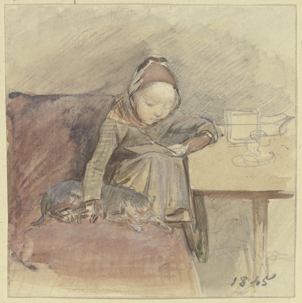 Lesendes Kind mit der Katze an einem Tisch auf einem roten Sofa sitzend, Jakob Fürchtegott Dielmann