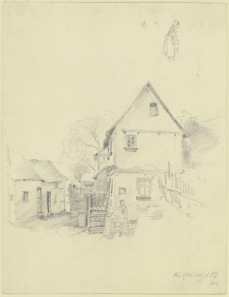 Ein Haus, vor demselben stehen zwei Frauen am Brunnen, oben Entwurf zu einem Mädchen mit einem Korb, Jakob Fürchtegott Dielmann