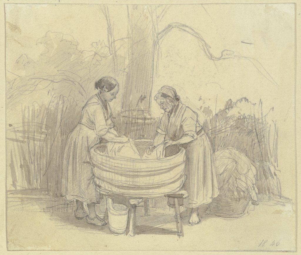 Zwei Wäscherinnen unter einem Baum an der Waschbütte, beide im Profil, Jakob Fürchtegott Dielmann