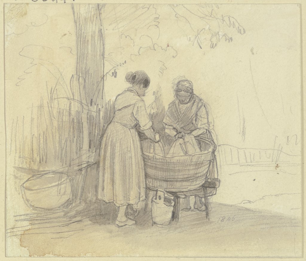 Zwei Wäscherinnen unter einem Baum an der Waschbütte, die eine von hinten, die andere von vorne, Jakob Fürchtegott Dielmann