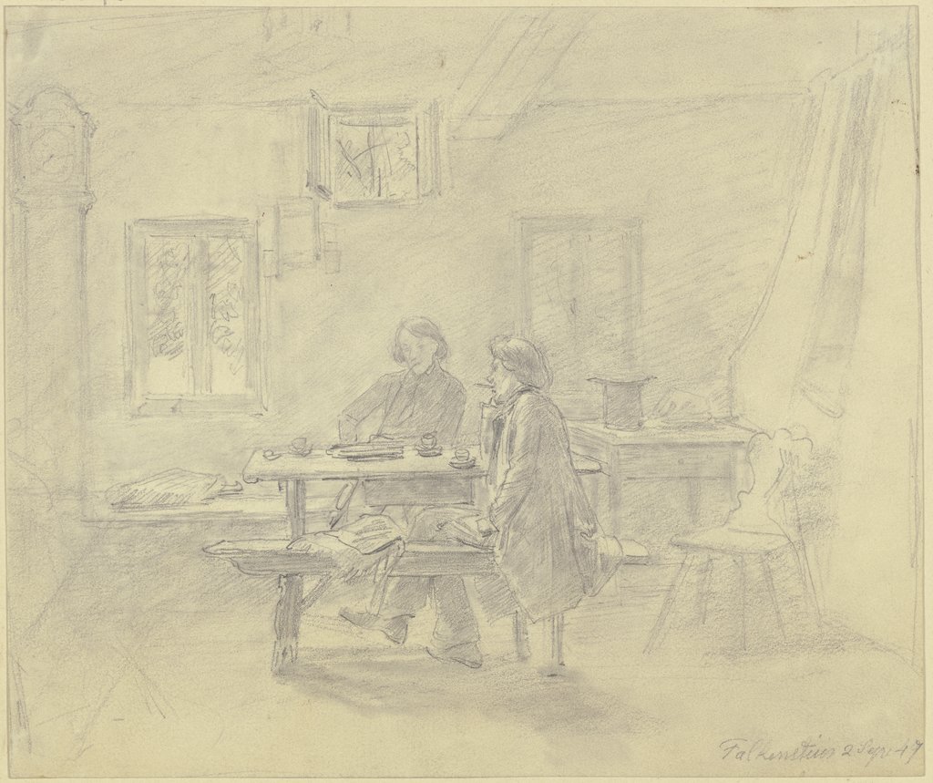 Bauernstube, zwei Maler beim Kaffee, der eine raucht eine Pfeife, der andere eine Zigarre, Jakob Fürchtegott Dielmann