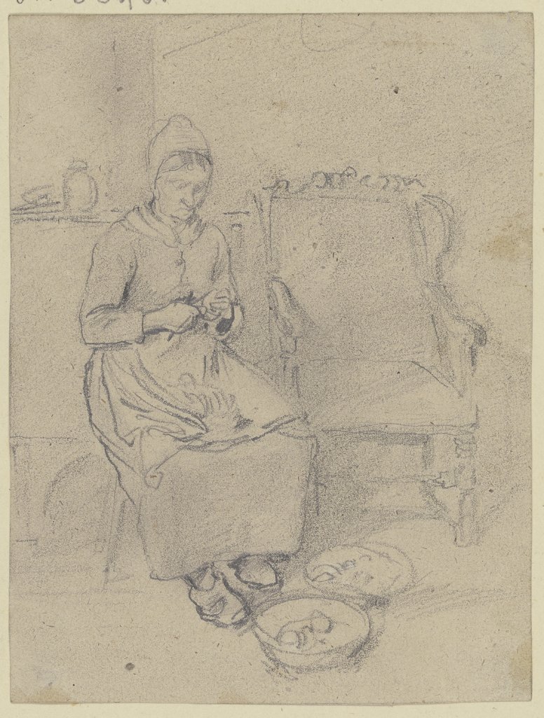 Eine alte Bäuerin sitzt neben einem Sessel und schält Kartoffeln, Jakob Fürchtegott Dielmann