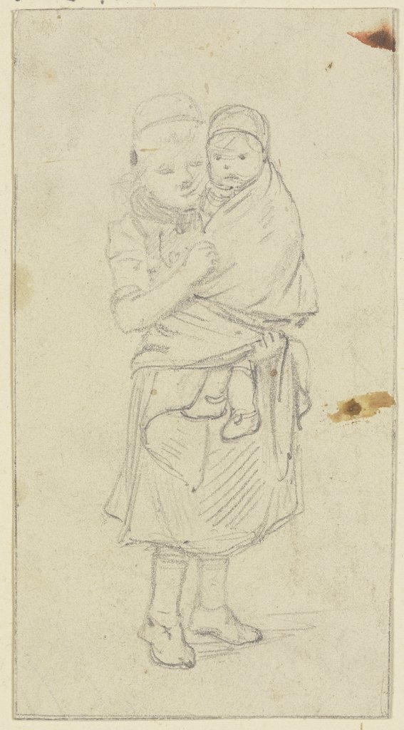 Ein kleines Mädchen trägt ein in ein Tuch gehülltes Kind, Jakob Fürchtegott Dielmann