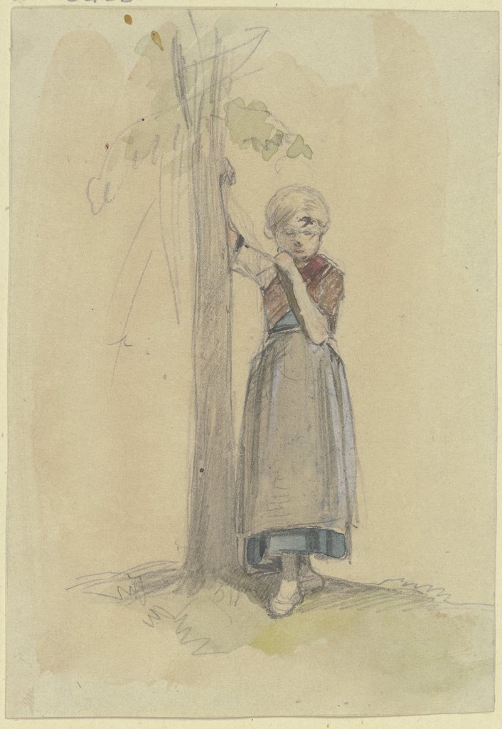 Kleines Mädchen, mit der rechten Hand sich an einen Baum lehnend, in nachdenklicher Haltung, Jakob Fürchtegott Dielmann