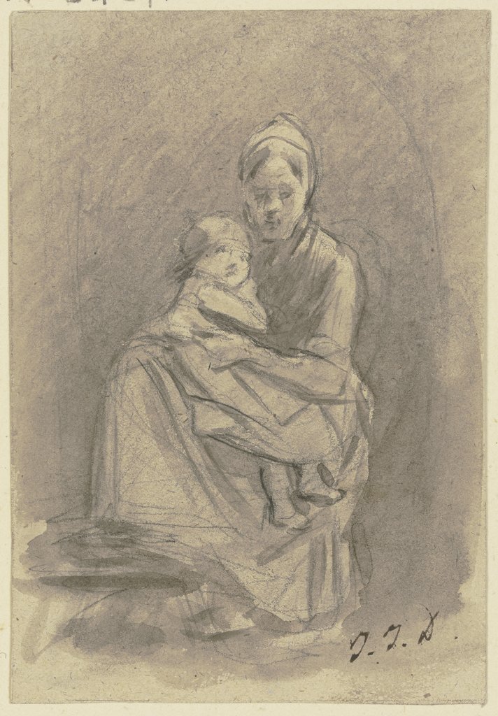 Eine Frau hält ein Kind auf dem Schoß, der Kopf nach vorne, der Körper nach links gewendet, Jakob Fürchtegott Dielmann