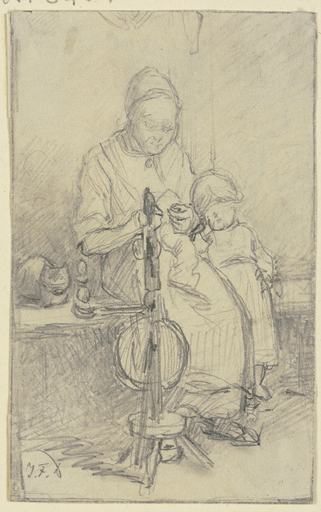 Eine Frau mit Kind und Katze beim Spinnrad sitzend, Jakob Fürchtegott Dielmann