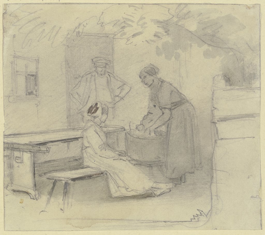 Vor einer Haustür stehen ein Tisch und eine Bank, eine Frau wäscht in einem Zuber, ein Mädchen sitzt dabei, unter der Tür ein Mann, Jakob Fürchtegott Dielmann