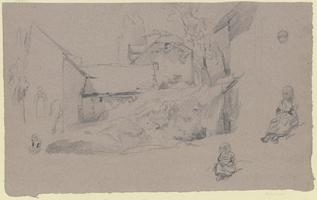 Studienblatt: Bauernhäuser an einem Abhang, ein Kopf, zwei sitzende Mädchen und andere Entwürfe, Jakob Fürchtegott Dielmann