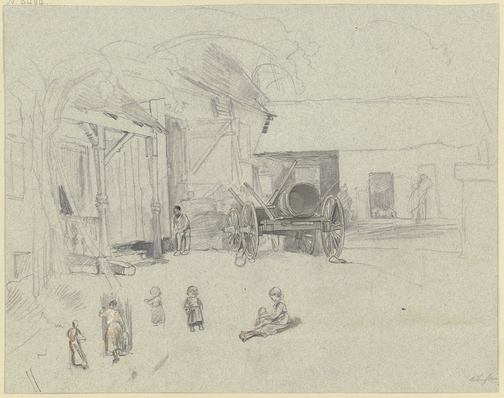 Bauernhof, links die Scheune, davor ein Wagen mit einer leeren Bütte, unten Entwürfe zu Frauen und Kindern, Jakob Fürchtegott Dielmann