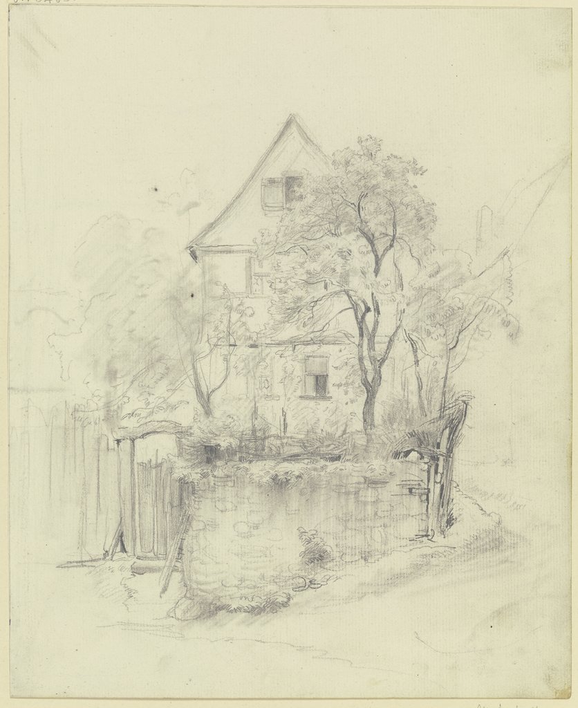 Bauernhaus auf terrassiertem Grund, auf welchem ein Baum steht, links die Tür, Jakob Fürchtegott Dielmann