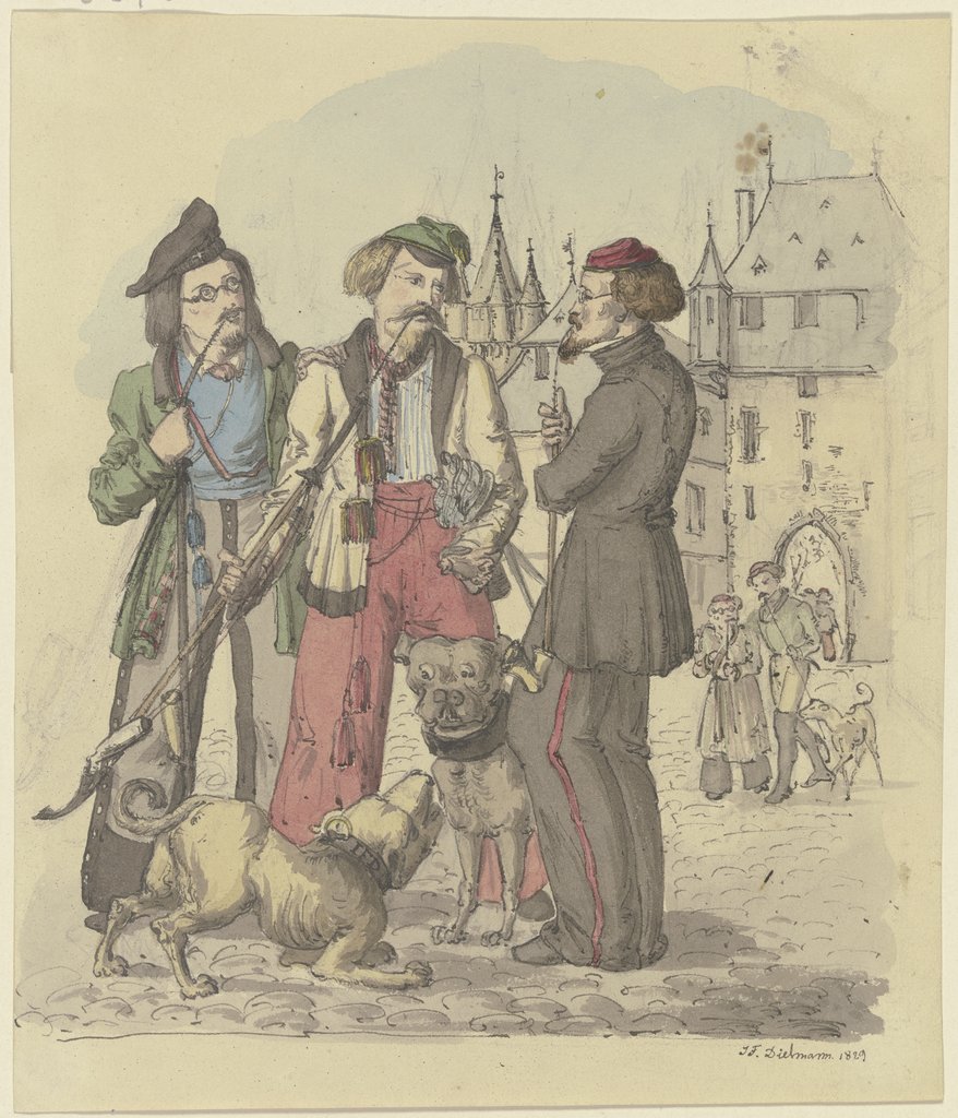 Drei rauchende Studenten mit zwei Hunden, Jakob Fürchtegott Dielmann