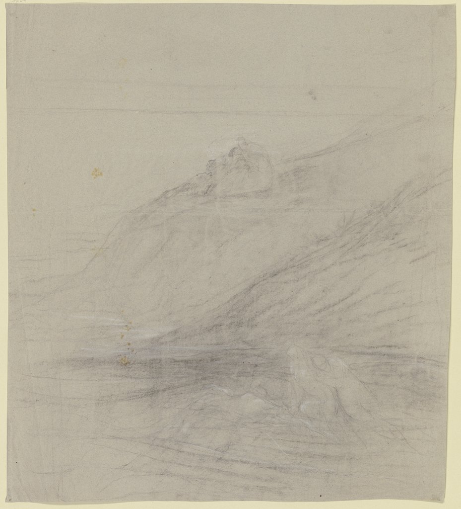 Drei badende Frauen (Nereiden?), darüber in den Dünen ein sitzendes Paar, Victor Müller