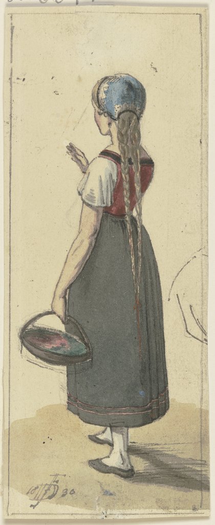 Ein Mädchen mit langen Zöpfen und einem Körbchen in Rückenansicht, Jakob Fürchtegott Dielmann