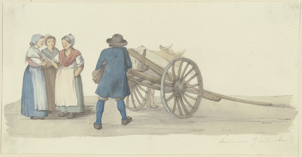Ein Bauer und drei Frauen vom Hunsrück bei einer Karre, dahinter ein Rind, Jakob Fürchtegott Dielmann