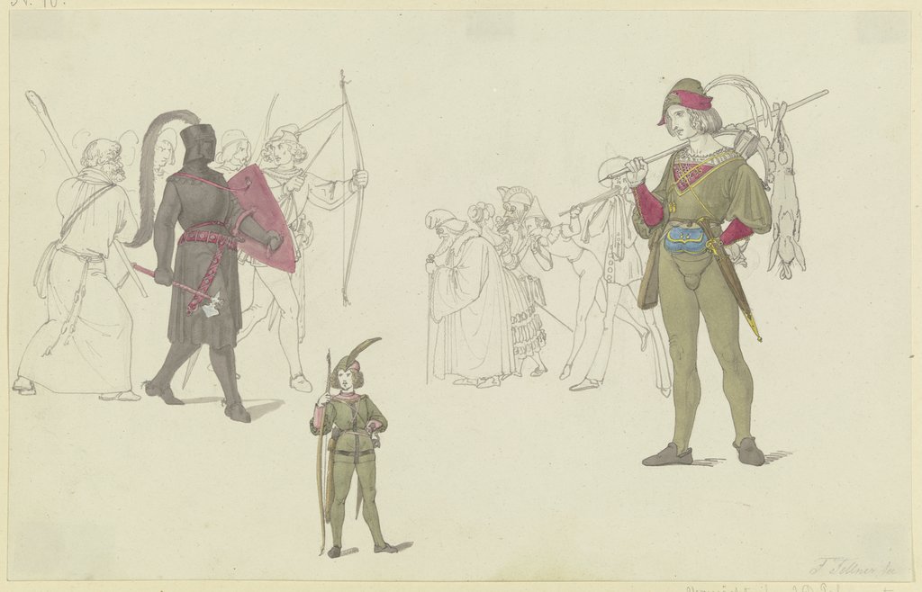 Ein schwarzer Ritter, Bogenschützen, ein Jäger sowie Maskenträger, Ferdinand Fellner