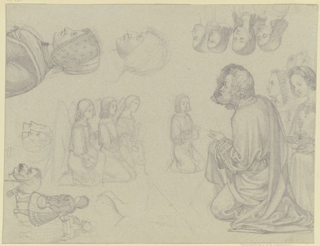 Ein kniender Heiliger, dabei zwei Engel, verschiedene kniende Engel, Köpfe und in der linken Ecke zwei Dachauer Bäuerinnen, Ferdinand Fellner