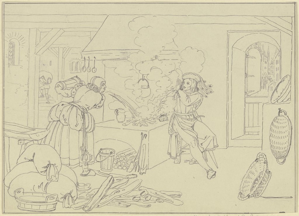 In der Küche einer Mühle sitzt ein Ritter am Herde, die Müllerin sucht mit einem Eimer Wasser das Feuer zu löschen, Ferdinand Fellner