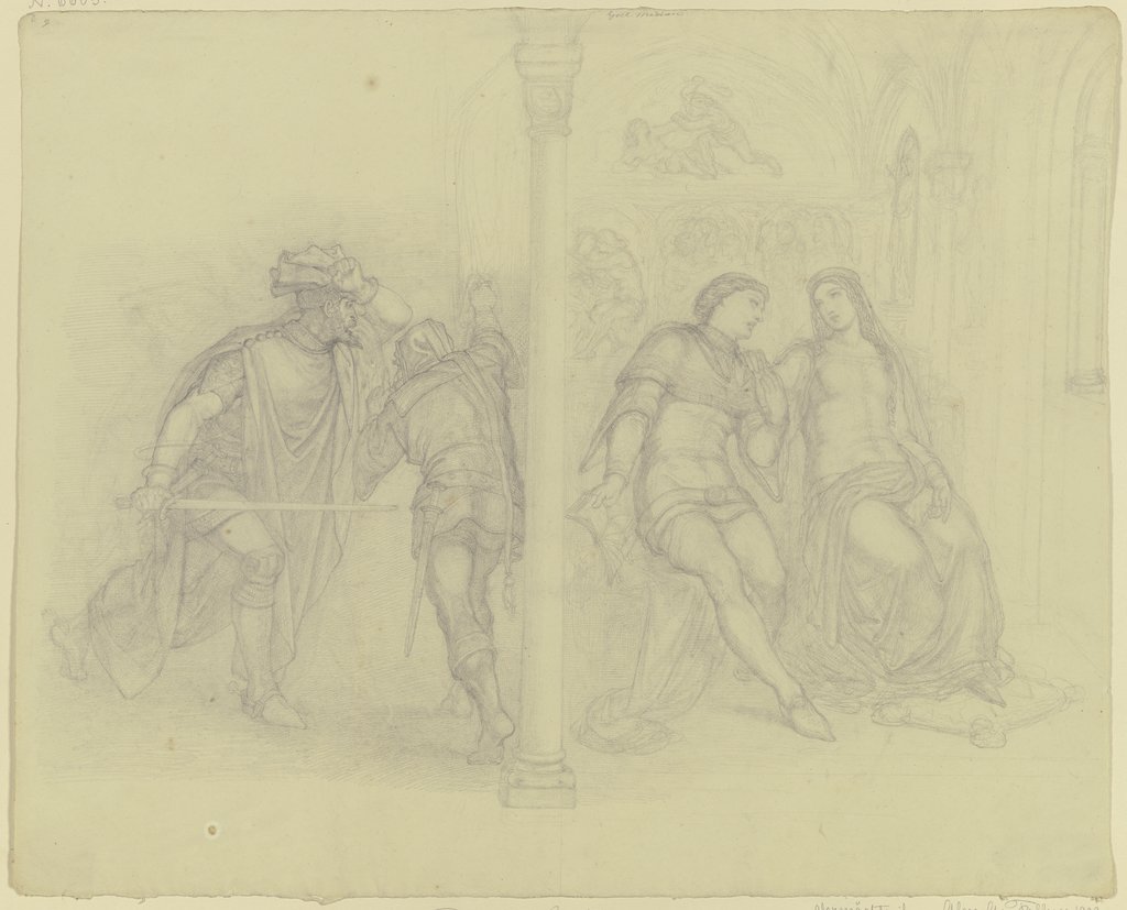 Francesca da Rimini mit ihrem Geliebten Paolo Malatesta, von links nähert sich ihr Ehemann Giovanni Malatesta mit gezogenem Schwert, Ferdinand Fellner