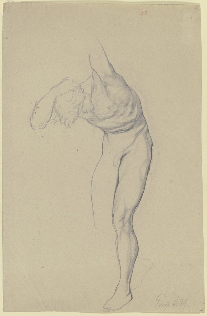 Stehender männlicher Akt, den Oberkörper vorgebeugt, den linken Arm erhoben, Victor Müller