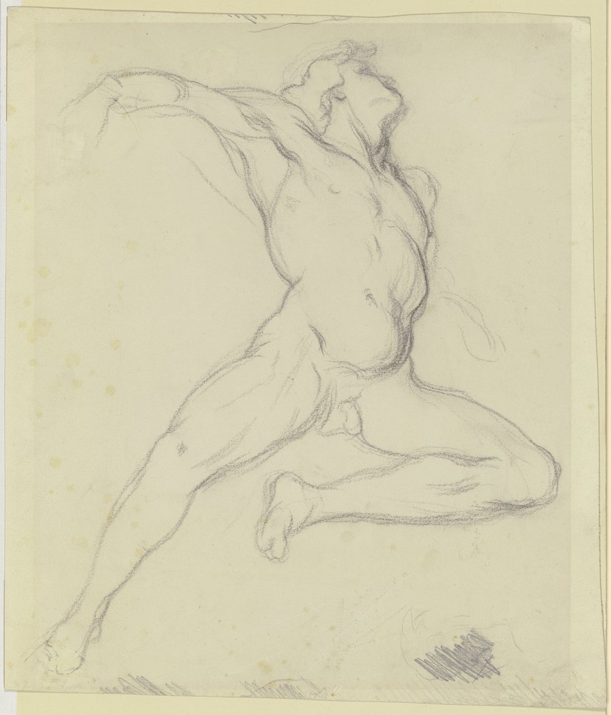 Männlicher Akt, kniend nach links, das rechte Bein stark gestreckt, den Oberkörper zurückgebeugt, den linken Arm sowie den Kopf erhoben, Victor Müller