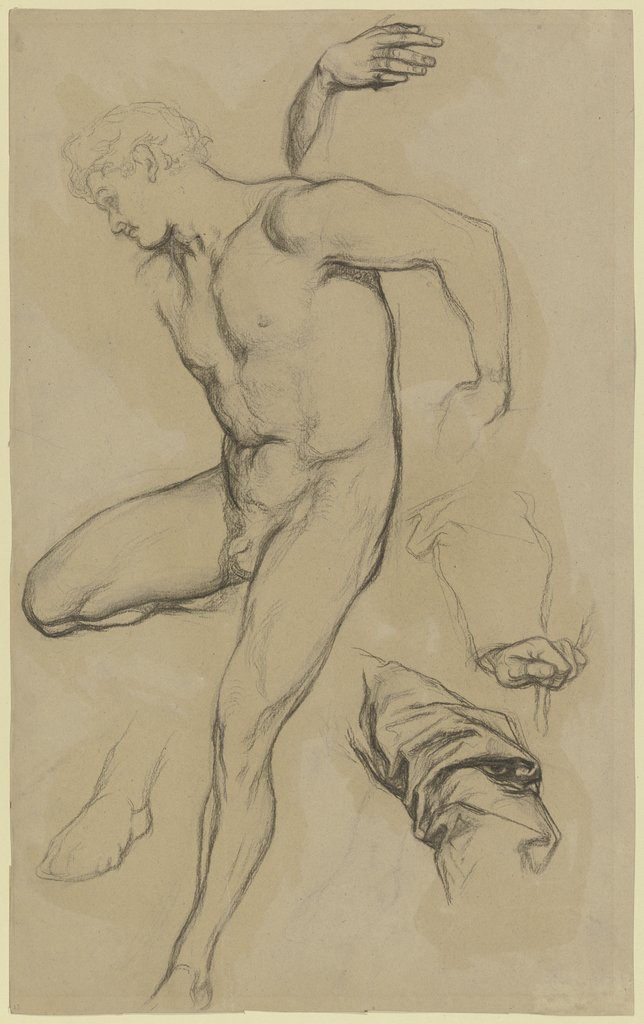 Männlicher Akt des Romeo aus "Romeo und Julia", Variante mit angewinkelt aufgestütztem rechten Bein, daneben Draperie, Hände und ein Fuß, Victor Müller