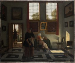 Interieur mit Maler, lesender Dame und kehrender Magd