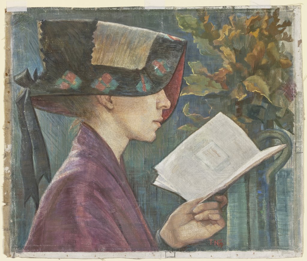Junge Frau mit Haube, lesend nach rechts, Klementine Noll-Prenger