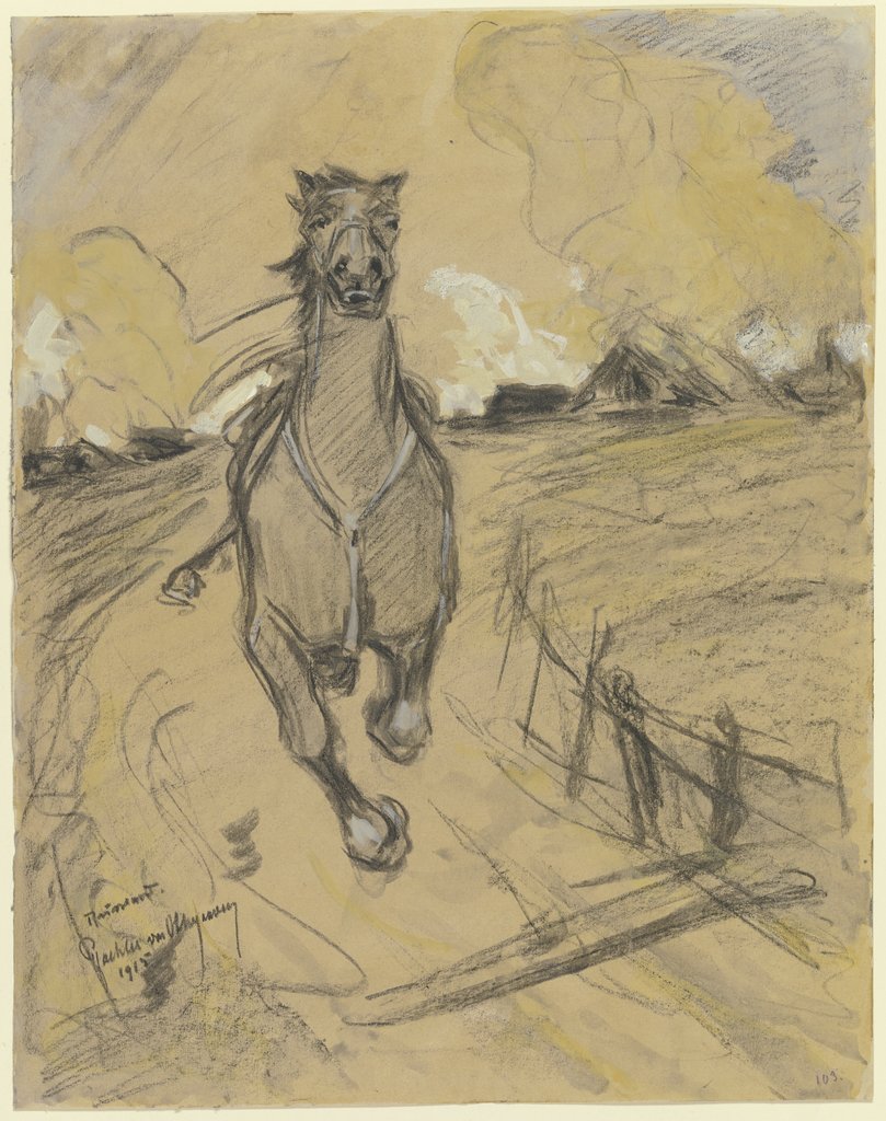 Gesatteltes reiterloses Pferd auf der Flucht, im Hintergrund ein brennendes Dorf, Reinhard Pfaehler von Othegraven