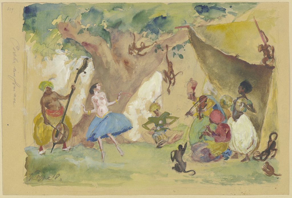 Probe im Freien: Orientalische Gauklergesellschaft und eine Tänzerin im Wald, Georg Poppe