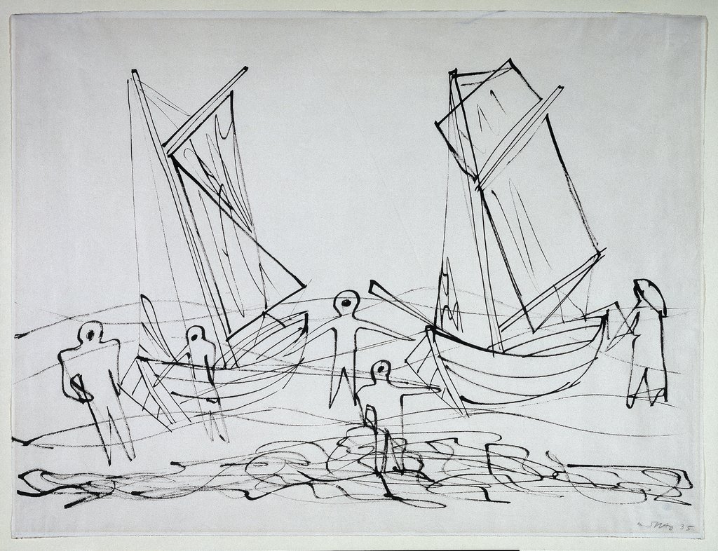 Fischer und Segelboote am Strand, Ernst Wilhelm Nay